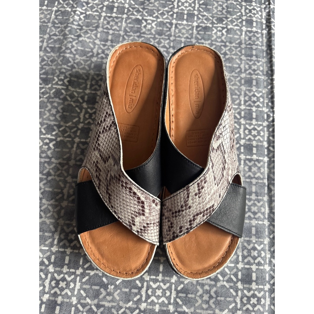 Sheridan Mia Wedge Sandals Womens 40 Grey Black Snakeskin Leather Slide Mules